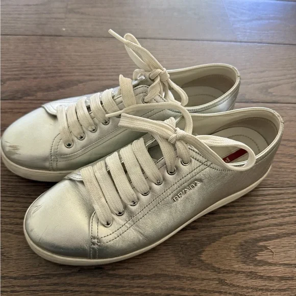 Prada Women's Metallic Silver Sneakers Size 38 - Picture 5 of 12